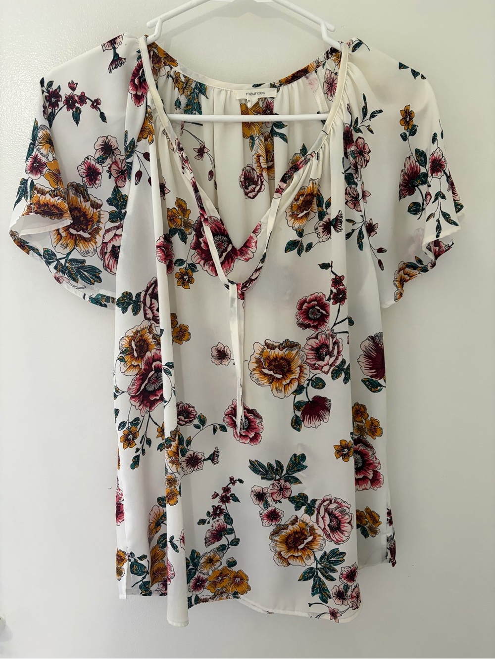 Maurices Cream Floral Tie-Neck Blouse with Burgundy & Mustard Accents